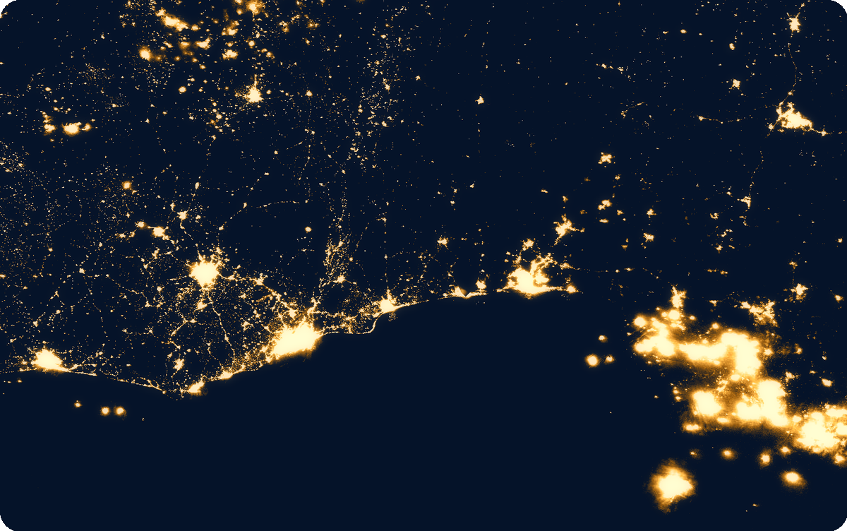 Real NASA/NOAA VIIRS night-lights image of the Cotonou/Benin coastline, colorized to match the IBIITECH palette