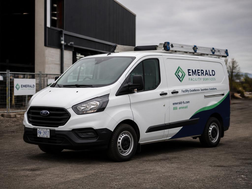 Service technician van parked at an urban job site