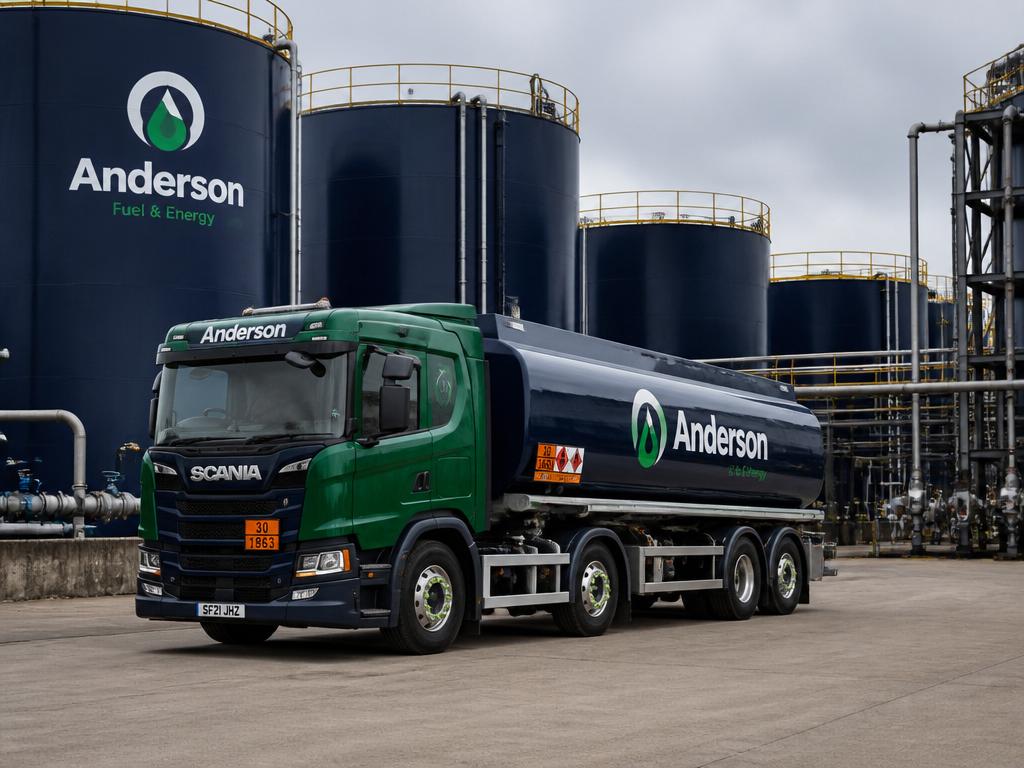 Fuel tanker truck beside industrial fuel storage tanks