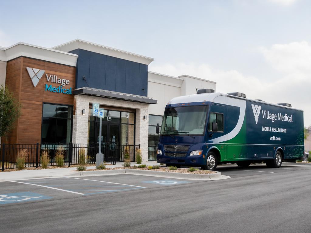 Modern medical clinic exterior with a mobile health unit vehicle