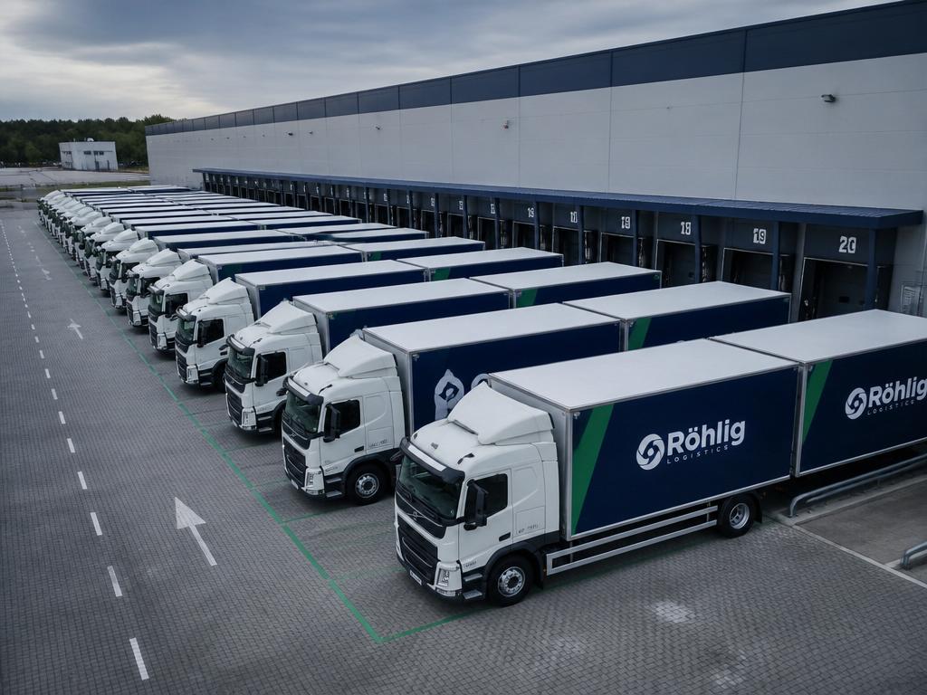 Fleet of delivery cargo trucks at a logistics yard loading dock